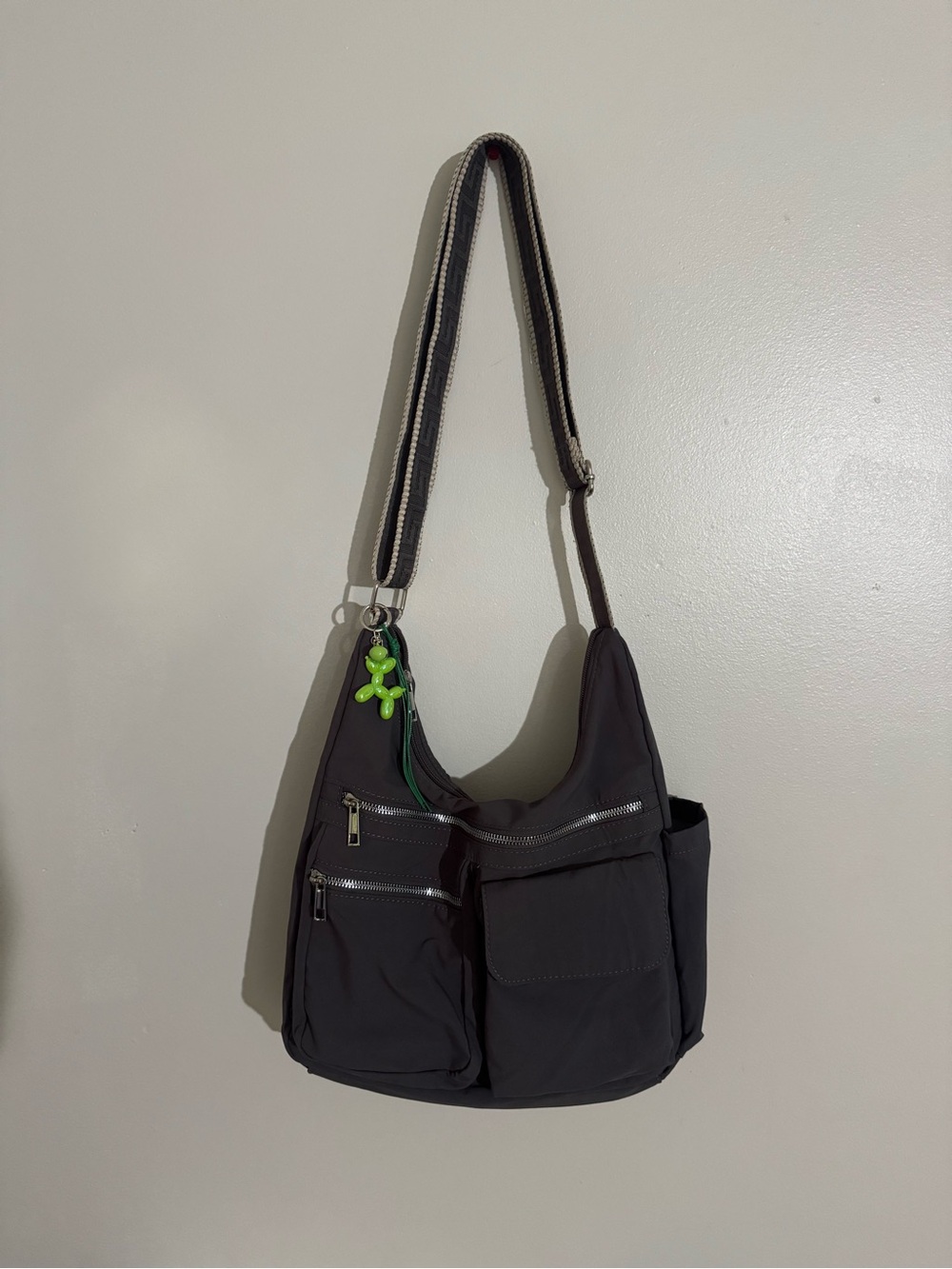 Stylish Dark Grey Crossbody Shoulder Bag with Green Charm
